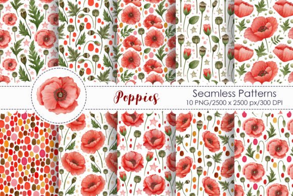 Watercolor Poppies Seamless Patterns